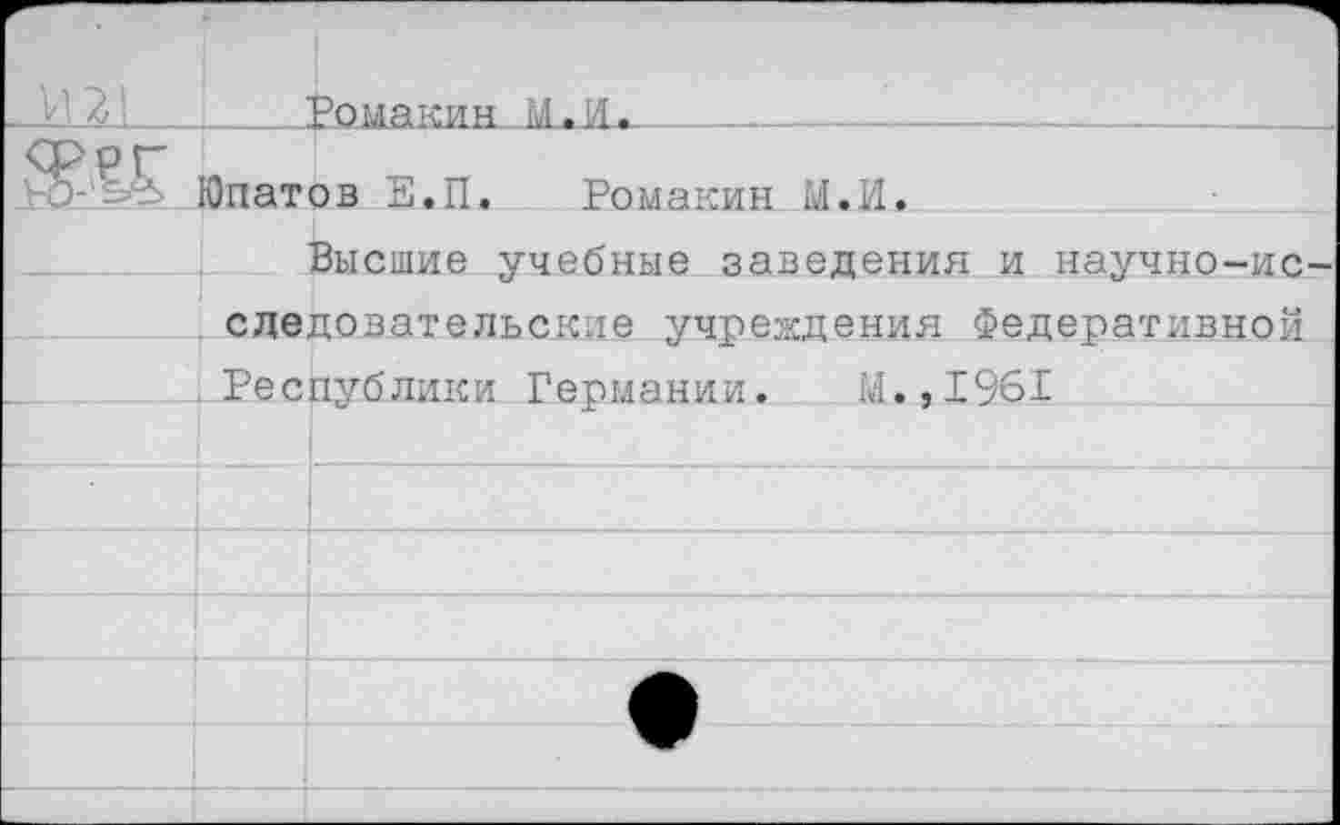 ﻿		а- < г я
&1Г	Юпатов Е.П. Ромакин М.И.	
	Высшие учебные заведения и научно-ис-следовательские учреждения Федеративной Республики Германии. М..1961	
		
		
		
		
		
		